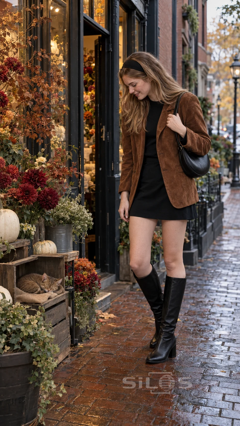 A young woman in a rust suede blazer, black skirt and knee boots smiles at a sleeping kitten beside a florist display of dahlias, copper leaves and pale pumpkins.