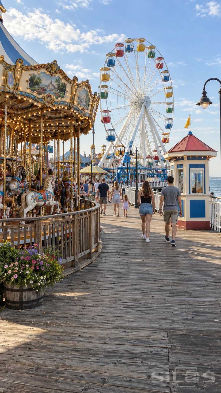 Young visitors and a distant family walk along a weathered seaside boardwalk beside a carousel and Ferris wheel.