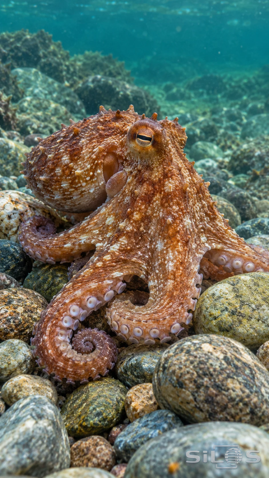 A copper-colored octopus blends into rounded stones on the sea floor