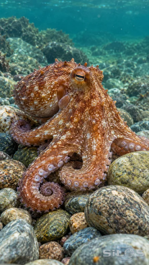 A copper-colored octopus blends into rounded stones on the sea floor