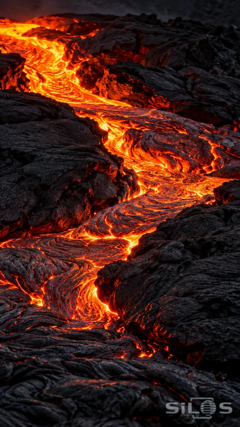 A narrow ribbon of glowing lava passes between rough black volcanic stone