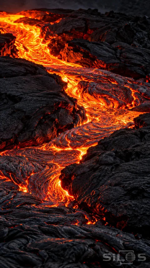 A narrow ribbon of glowing lava passes between rough black volcanic stone
