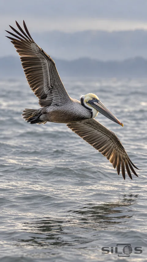 A brown pelican glides low over silver coastal water with its wings fully spread