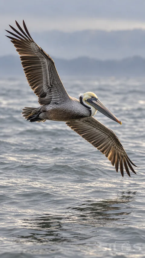 A brown pelican glides low over silver coastal water with its wings fully spread