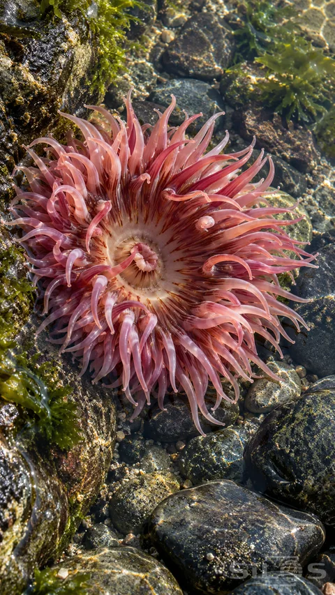 A pink sea anemone opens among dark stones in clear shallow water