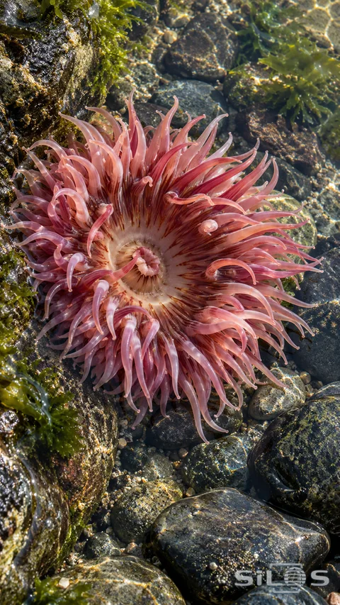 A pink sea anemone opens among dark stones in clear shallow water
