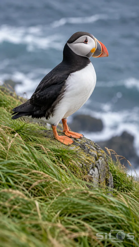 A puffin stands among wind-bent grasses above a softly blurred slate-blue sea
