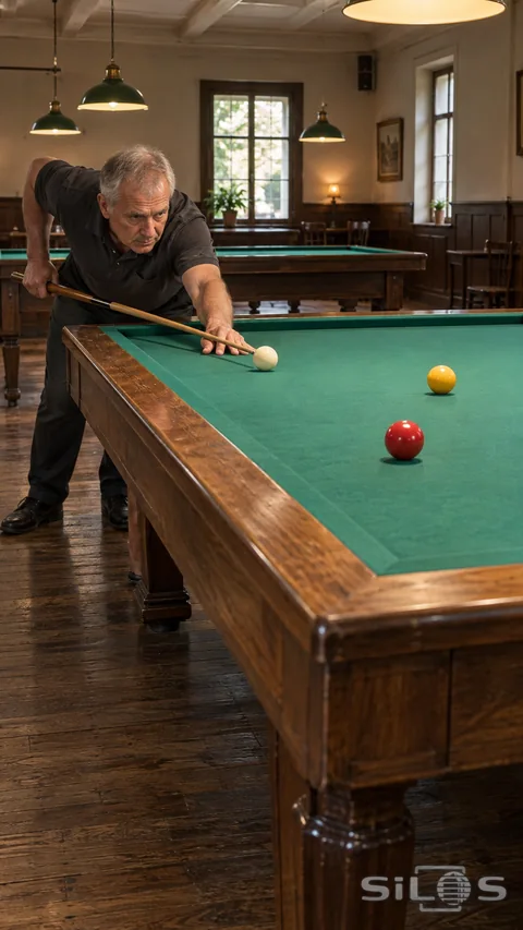 An adult player lines up a cue on a carom table in a quiet timber-floored hall.