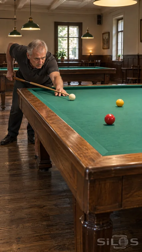 An adult player lines up a cue on a carom table in a quiet timber-floored hall.
