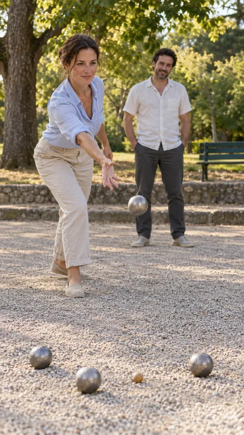Two adult friends share a relaxed game of boules on a gravel court beneath leafy trees.