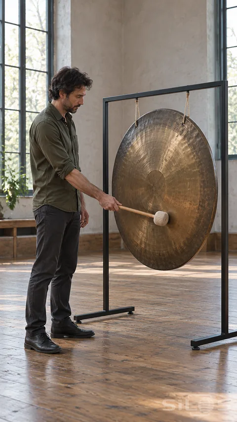 An adult percussionist brings a padded mallet to a large suspended bronze gong in a tall daylight rehearsal room.