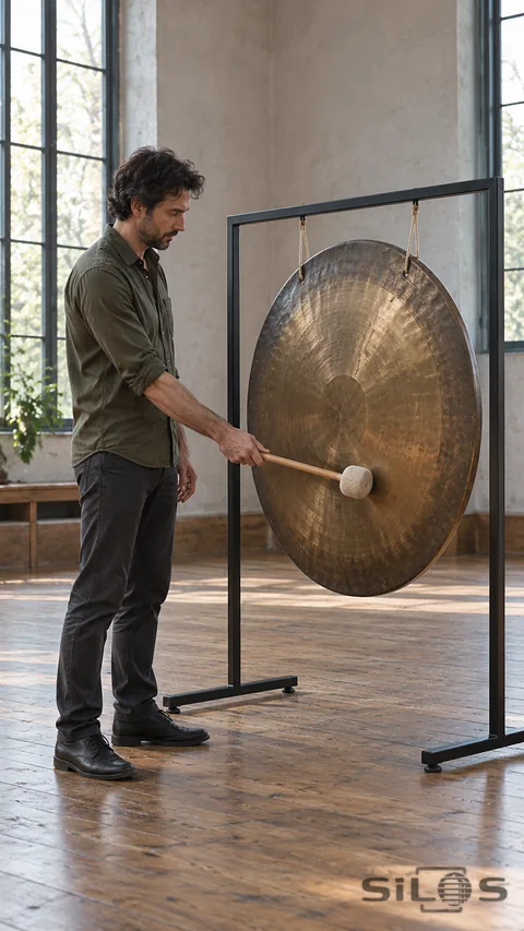 An adult percussionist brings a padded mallet to a large suspended bronze gong in a tall daylight rehearsal room.