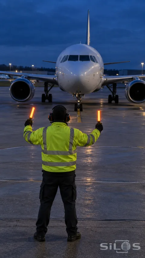 A ground crew member guides an anonymous aircraft across a blue-hour airport apron.