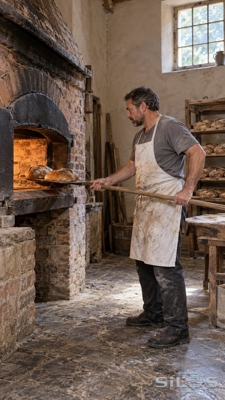 A baker uses a long wooden-handled peel to move fresh bread beside a brick oven in a working bakery.