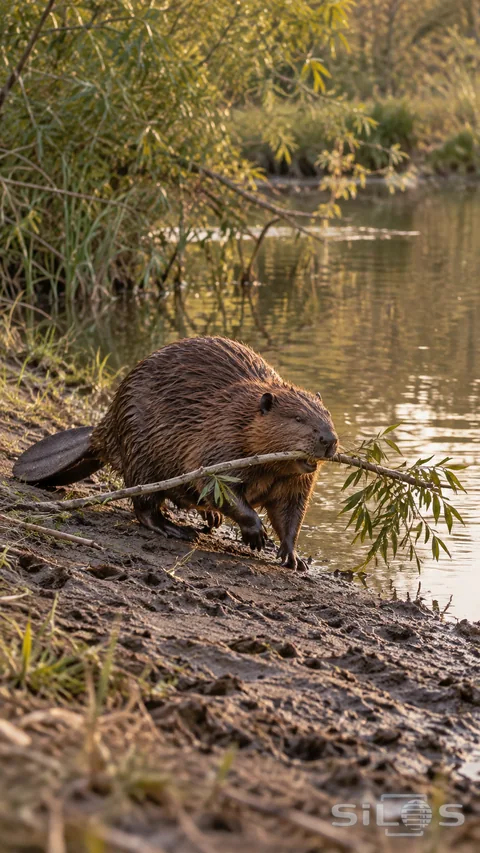 A beaver carries a small branch along a muddy pond bank in gentle evening light.
