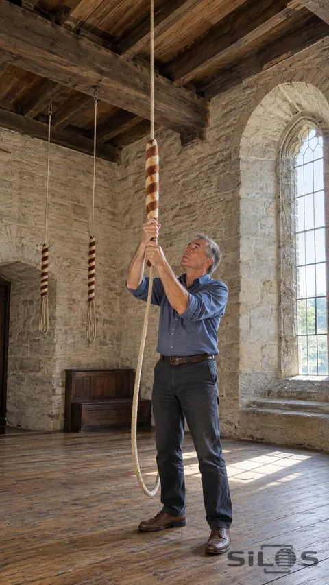 An adult bell ringer holds a rope in a tall daylight tower room with worn timber beams.