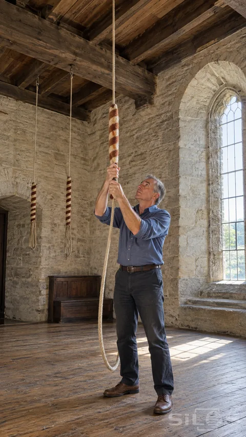 An adult bell ringer holds a rope in a tall daylight tower room with worn timber beams.