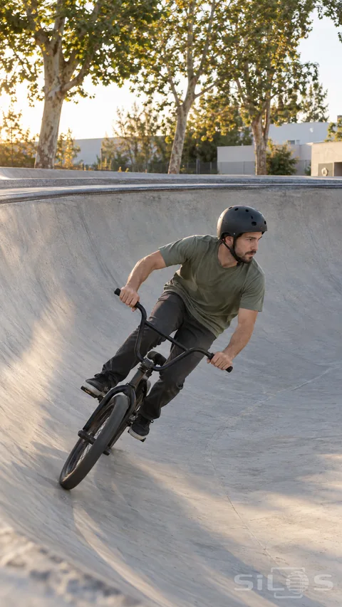 An adult BMX rider leans into a smooth turn along a curved concrete skatepark bowl.