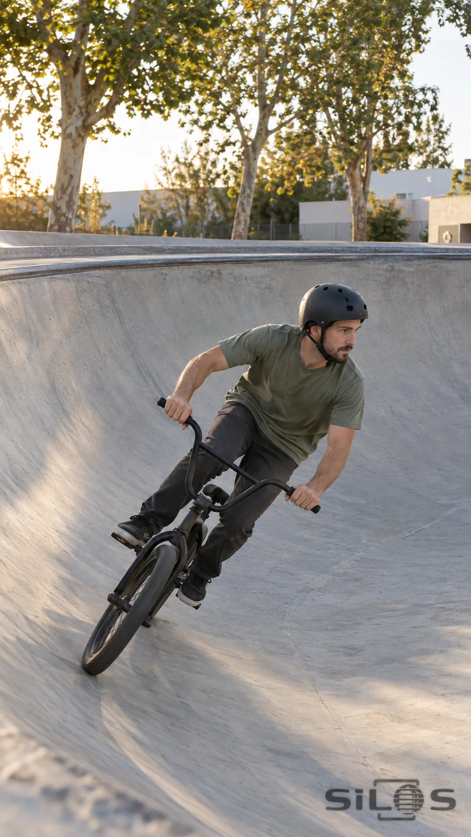 An adult BMX rider leans into a smooth turn along a curved concrete skatepark bowl.
