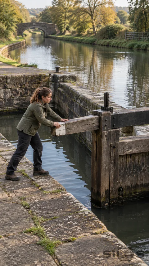 An adult canal keeper pushes a timber gate balance beam beside a quiet stone-walled lock.