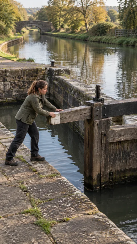An adult canal keeper pushes a timber gate balance beam beside a quiet stone-walled lock.