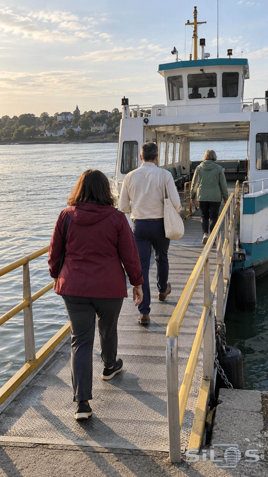 Three adult commuters walk along a ramp to board a small river ferry in afternoon light.