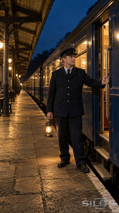 An adult train conductor pauses beside an open sleeper carriage doorway on a softly illuminated night platform.