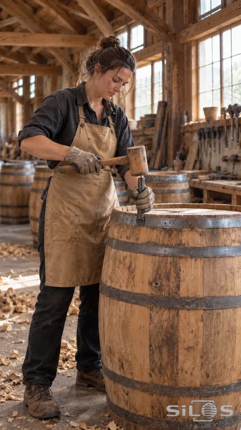 An adult cooper positions a hoop driver against a timber barrel hoop in a tall window-lit workshop.