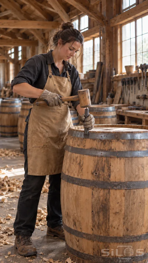 An adult cooper positions a hoop driver against a timber barrel hoop in a tall window-lit workshop.