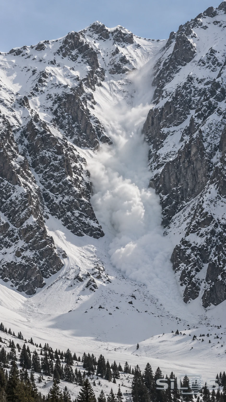 A powder-snow avalanche descends a distant empty gully between steep snowy mountain walls.