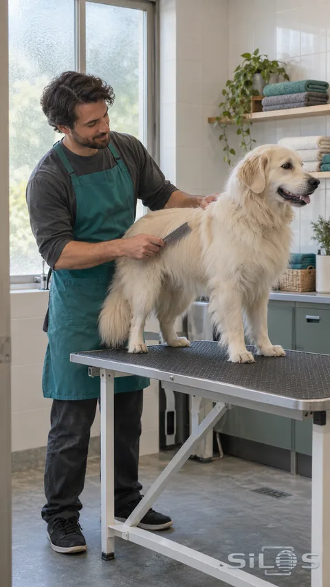 An adult groomer combs a calm cream-colored dog on a stable table in a tall daylight salon.