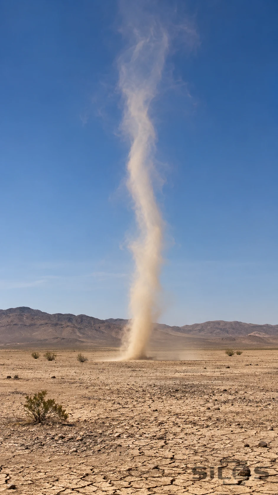 A slender dust whirlwind rises above a broad dry pan beneath an open desert sky.