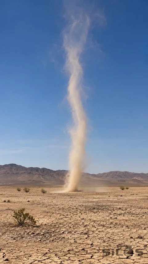A slender dust whirlwind rises above a broad dry pan beneath an open desert sky.