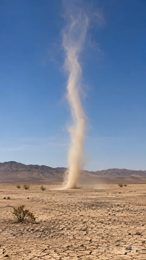 A slender dust whirlwind rises above a broad dry pan beneath an open desert sky.