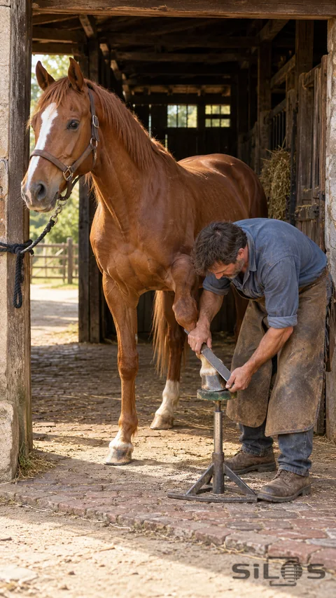 An adult farrier works on a horse’s lifted front hoof beside a sunlit stable doorway.