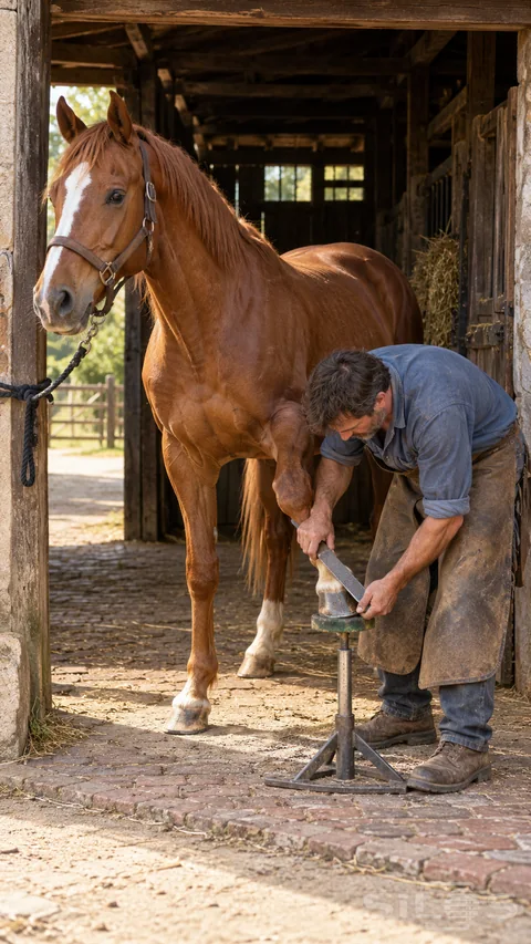 An adult farrier works on a horse’s lifted front hoof beside a sunlit stable doorway.