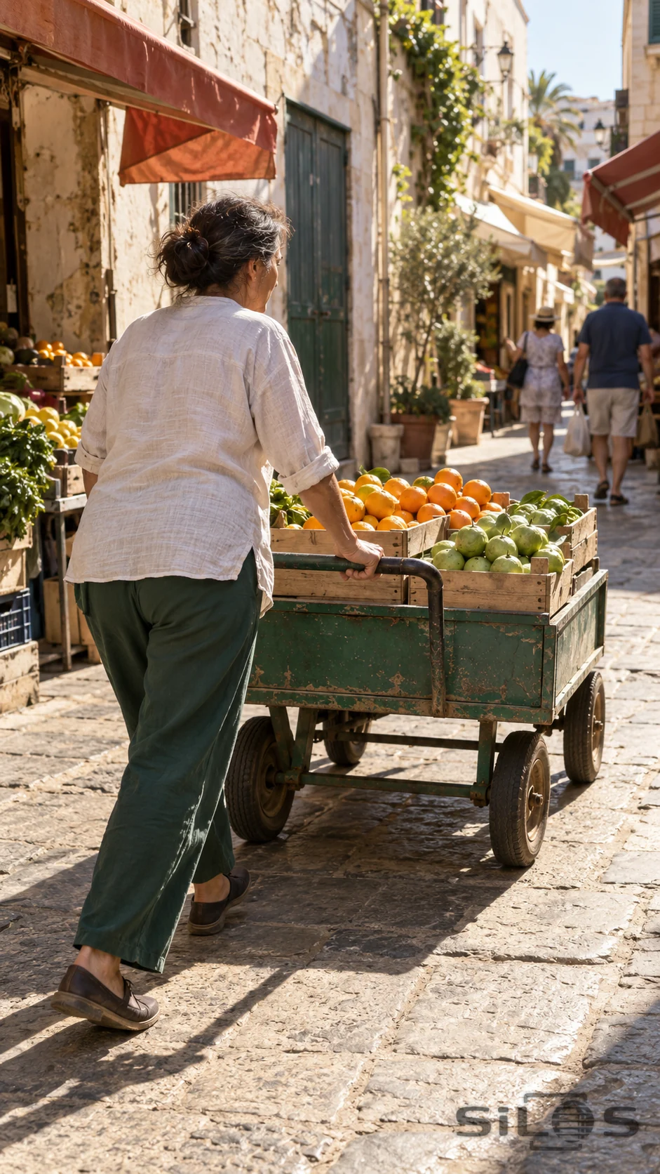 An adult vendor pushes a fruit-loaded handcart along a sunlit market street beneath fabric awnings.