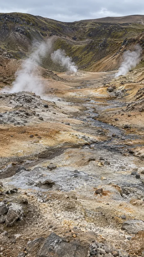Soft steam rises from mineral vents across a broad ochre geothermal valley.