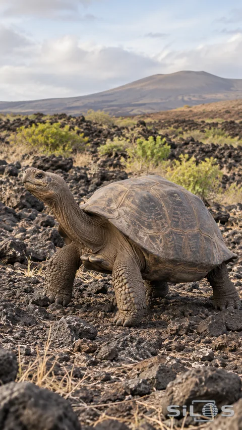A giant tortoise steps across a rough volcanic path among sparse grasses and dark rock.