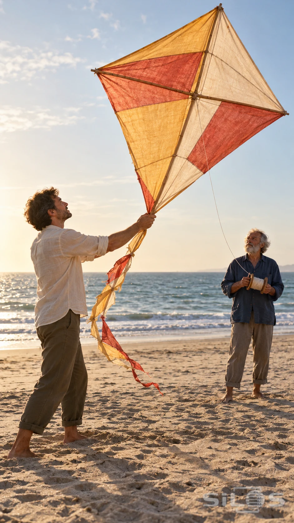 Two adults prepare a large handmade kite on wind-rippled sand beside the sea.