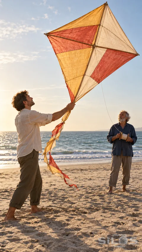 Two adults prepare a large handmade kite on wind-rippled sand beside the sea.