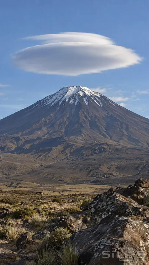 A smooth lens-shaped cloud hangs above an isolated volcanic cone in clear mountain light.