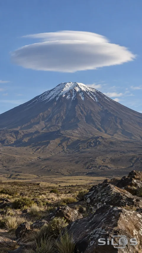 A smooth lens-shaped cloud hangs above an isolated volcanic cone in clear mountain light.
