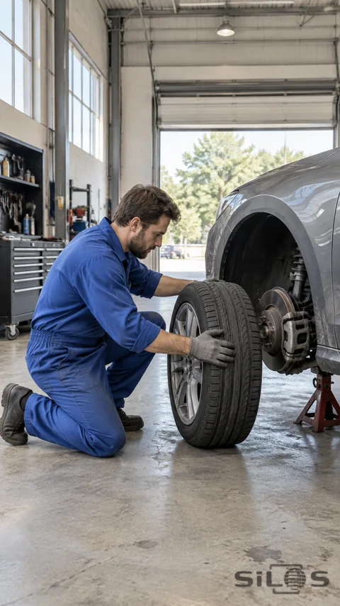 An adult mechanic positions a wheel beside a supported car in a softly lit repair garage.