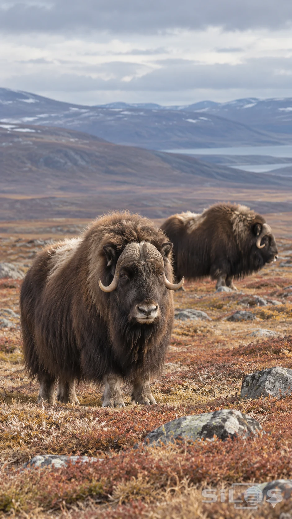 Two shaggy muskoxen stand among low autumn grasses under a cold open sky.