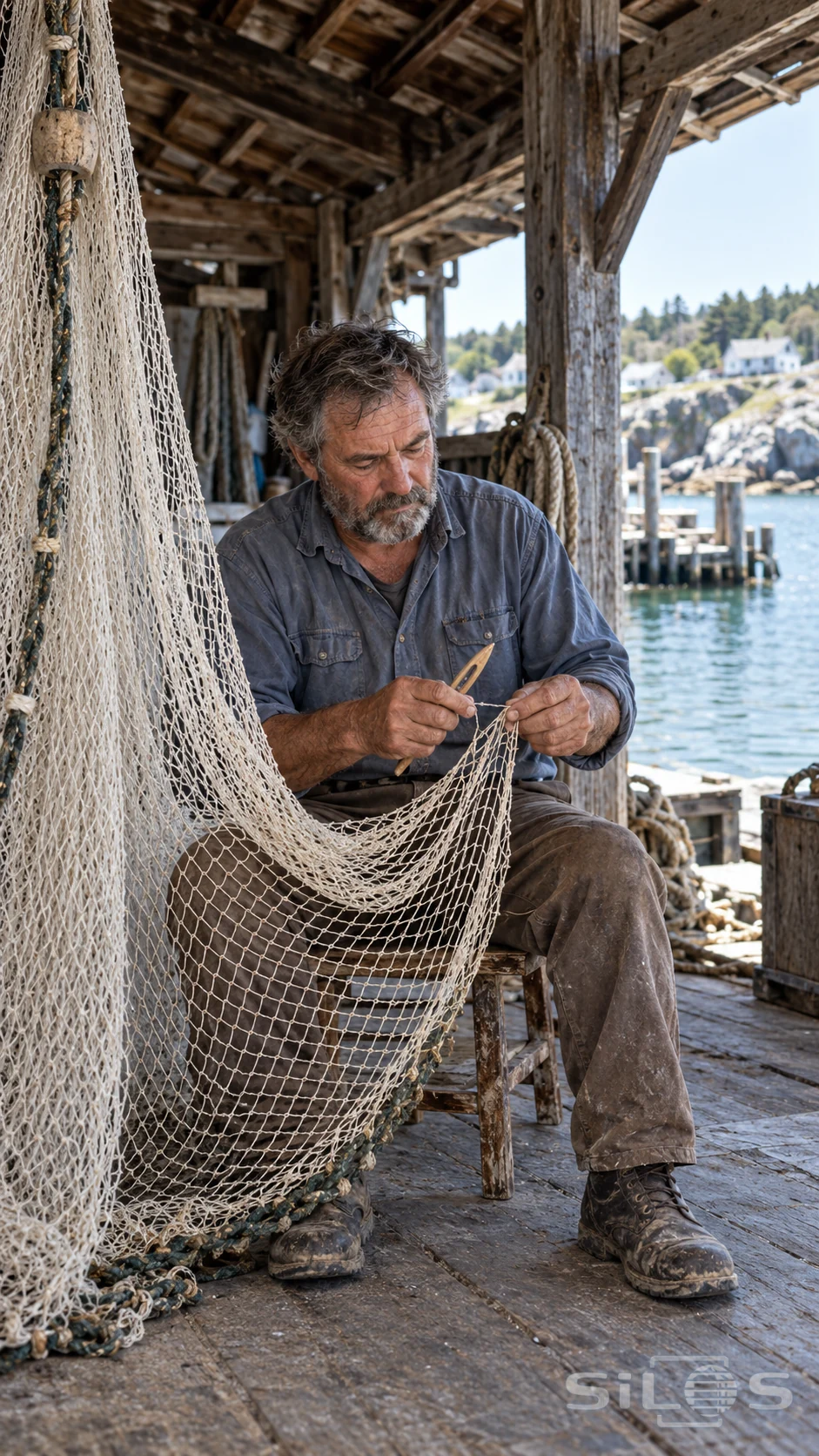 A coastal fisher repairs a net in a weathered boathouse beside clear harbor daylight.