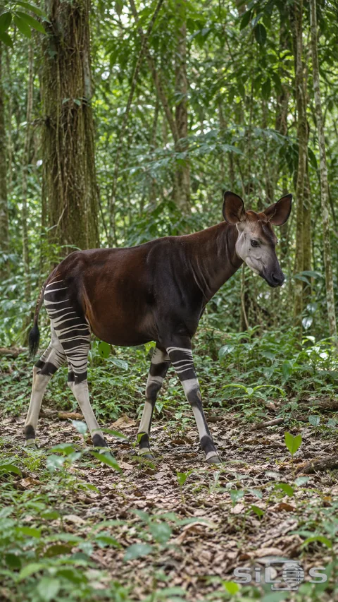 An okapi walks through a shaded forest opening beneath layered green foliage.