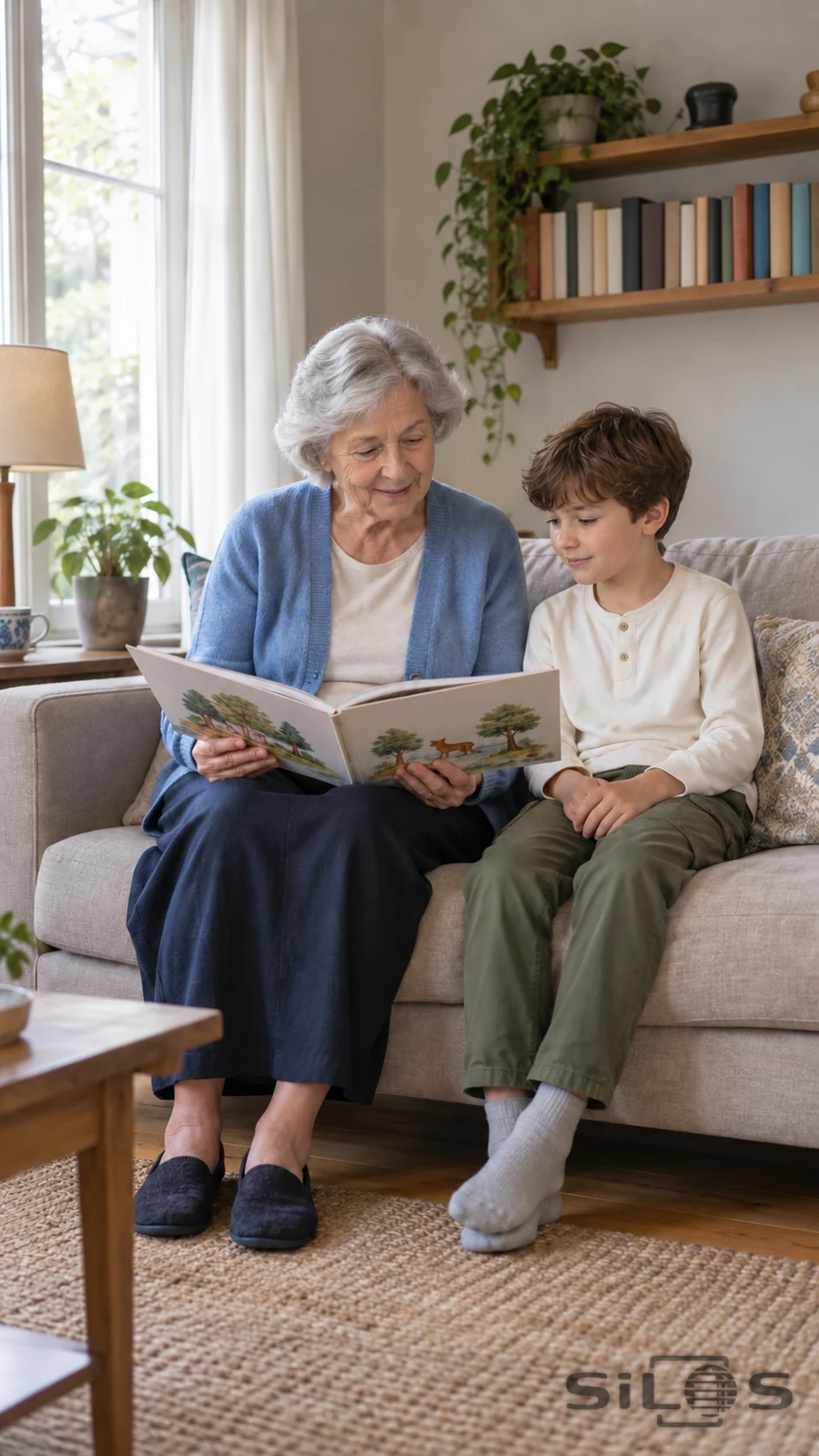 An older adult and a school-age child share a picture book on a sofa beside a tall living-room window.