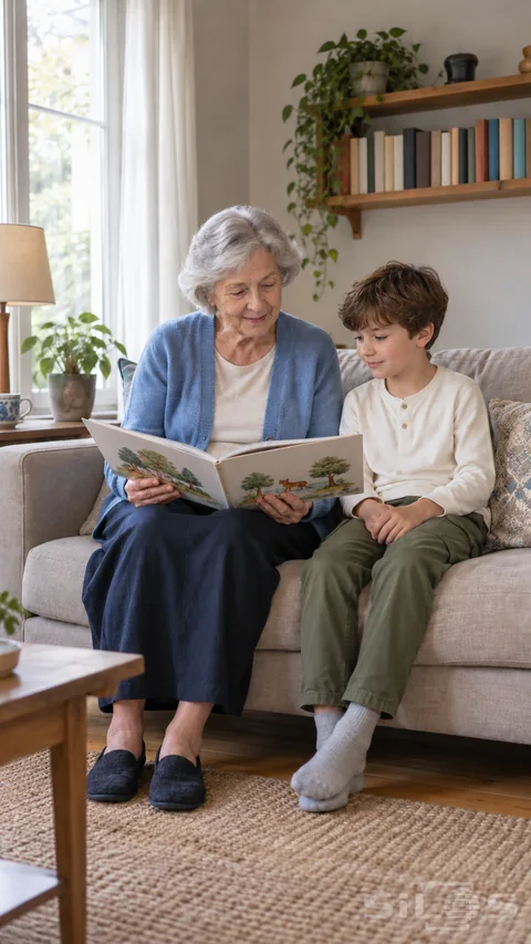 An older adult and a school-age child share a picture book on a sofa beside a tall living-room window.