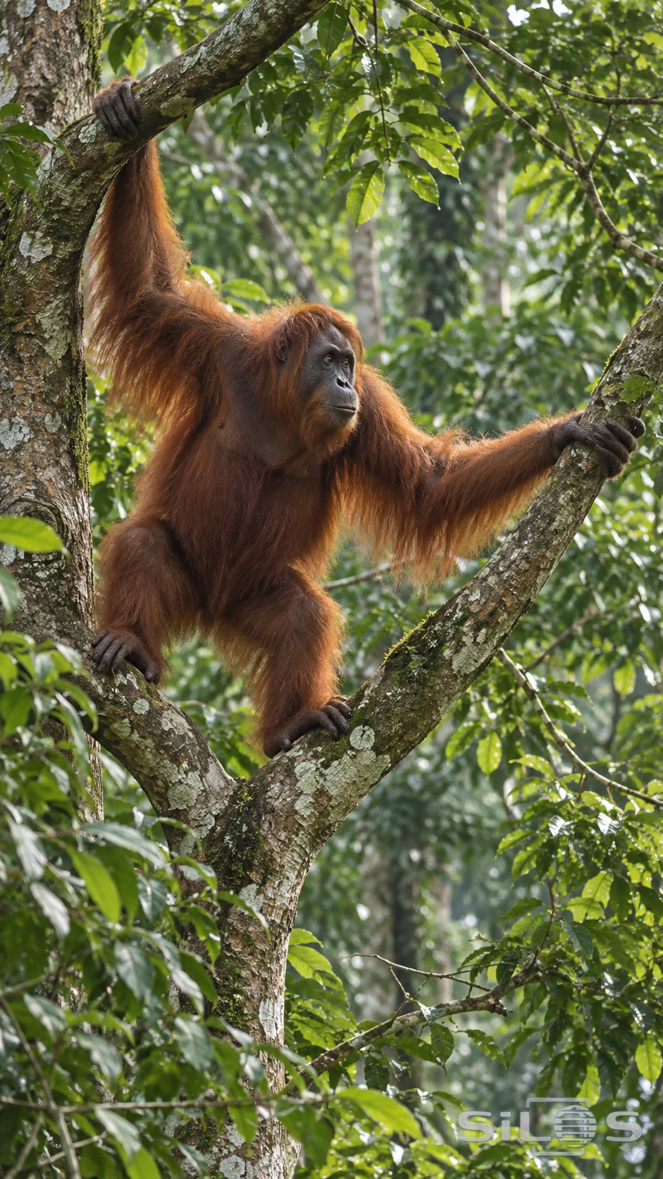 An orangutan moves through a high branch fork among dense rainforest leaves.
